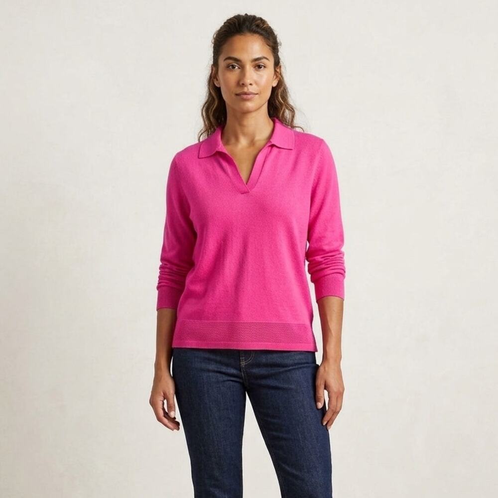 J.Crew Factory Cotton Sweater Polo Collar Pink Long Sleeve Pointelle Hem XL